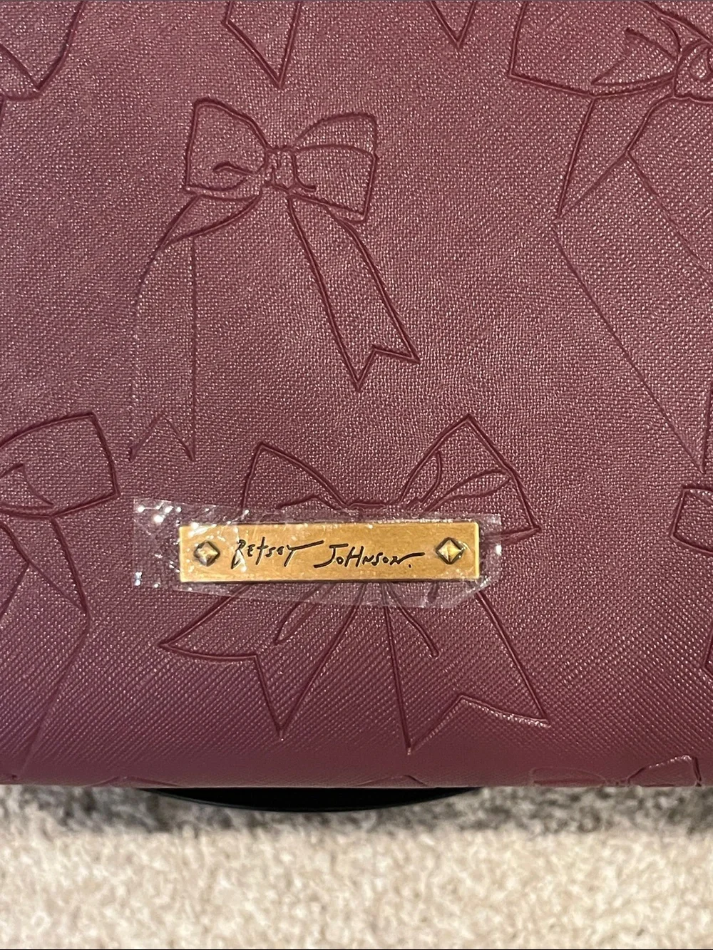 Betsey Johnson Maroon Embossed Bow Tote and Pouch with Gold Accents